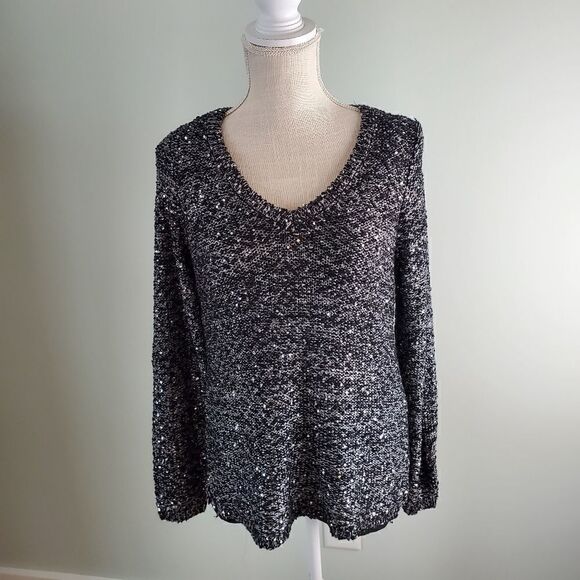 APT 9 WOMEN'S SWEATER SIZE LARGE PETITE LONG SLEEVE FULLY LINED BLACK AND GRAY - Picture 1 of 7
